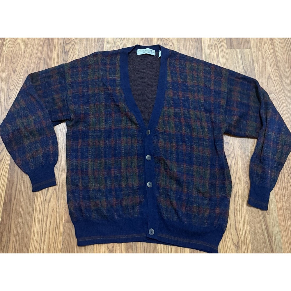 John Ashford Cardigan Sweater Mens Extra Large Plaid Wool Blend Made In Italy